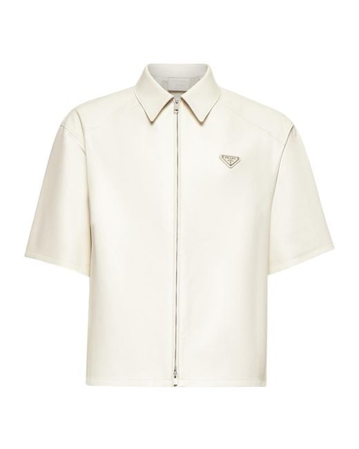Prada White Short-Sleeved Zipped Leather Shirt for men