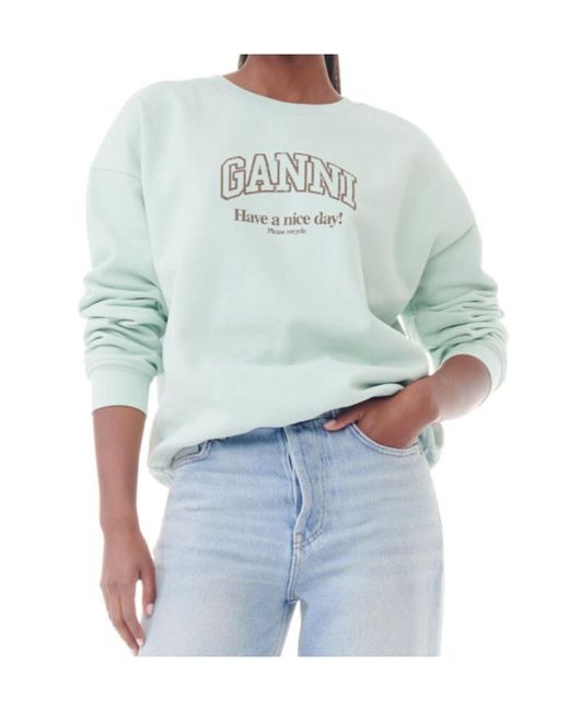 Ganni Green Logo Printed Crewneck Sweatshirt