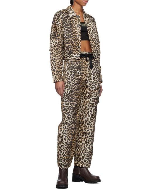 Ganni Black Leopard Duchesse Nylon Cargo Trousers