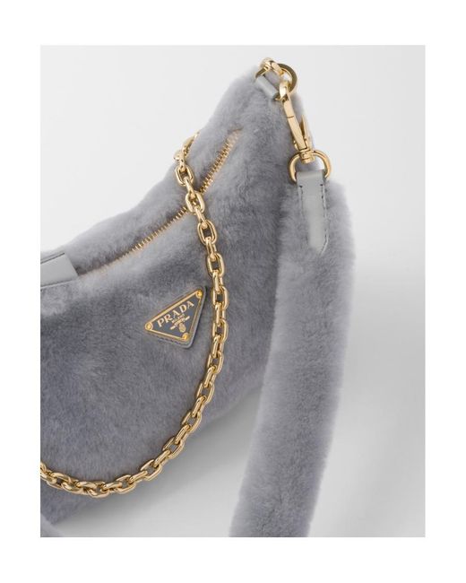 Prada Gray Logo Plaque Zipped Shoulder Bag