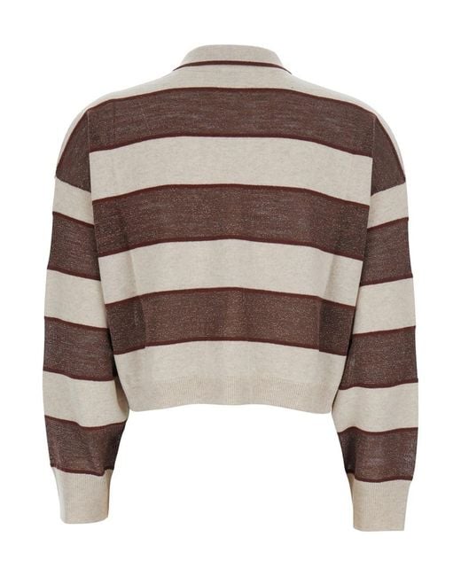 Brunello Cucinelli Brown Long Shirt Sleeve Polo With All-Over Str
