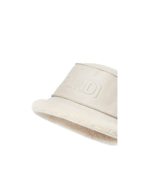 Fendi White Logo Embossed Shearling Bucket Hat