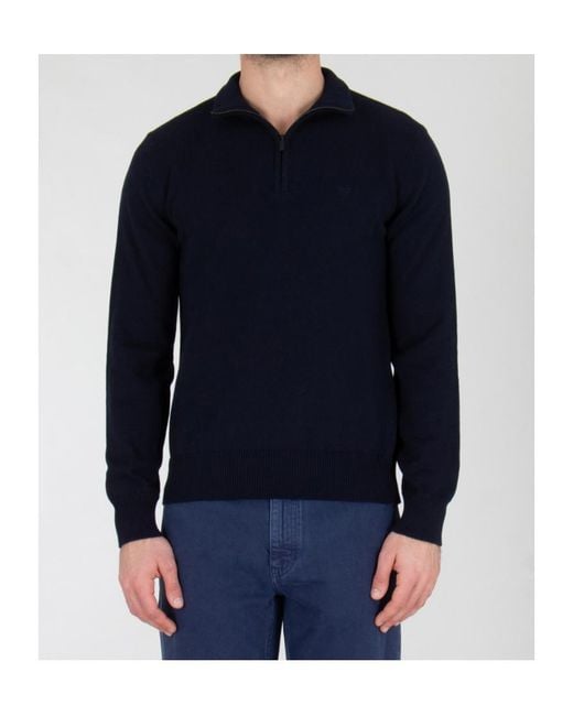 Emporio Armani Blue Half Zip Logo Knitted Sweater for men