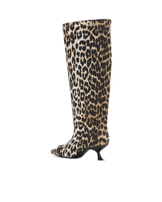 Ganni White Leopard Print Pointed-Toe Knee-Length Boots