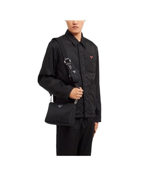 Prada Black Logo Plaque Zipped Messenger Bag for men