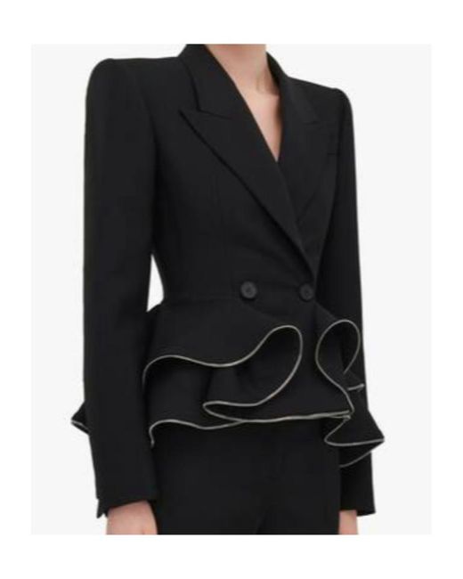 McQueen Black Zipped Peplum Double-Breasted Blazer