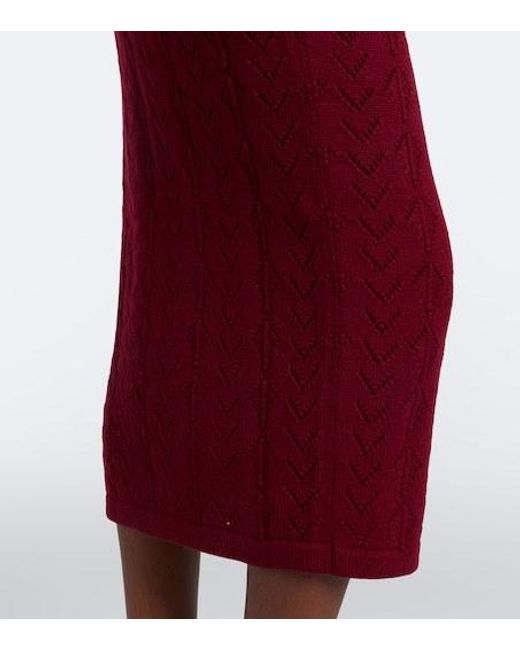 Alessandra Rich Red Ruffled Knitted Pointelle Midi Dress