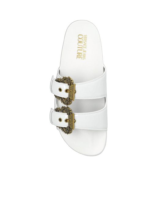 Versace Jeans White Couture Double Baroque-Buckle Platform Slides