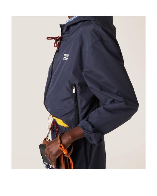 Miu Miu Blue Logo-Rubberised Zipped Hooded Jacket