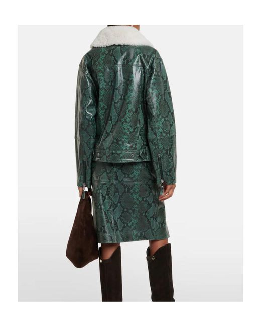 Dorothee Schumacher Green Lapel Long-Sleeved Leather Jacket
