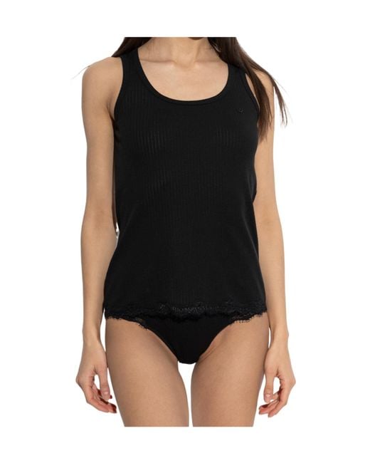 Emporio Armani Black Ribbed Lace-Trim Lingerie Top