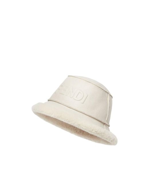 Fendi White Logo Embossed Shearling Bucket Hat
