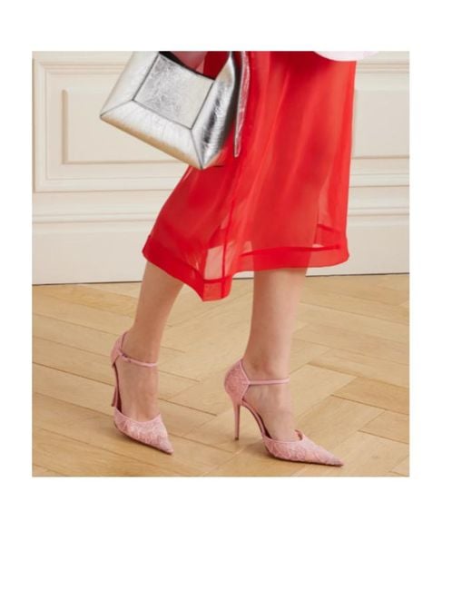 AMINA MUADDI Pink Leather-Trimmed Lace Pumps