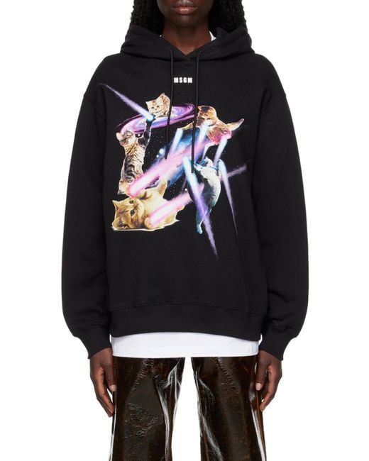 MSGM Black Graphic-Print Drawstring Hoodie