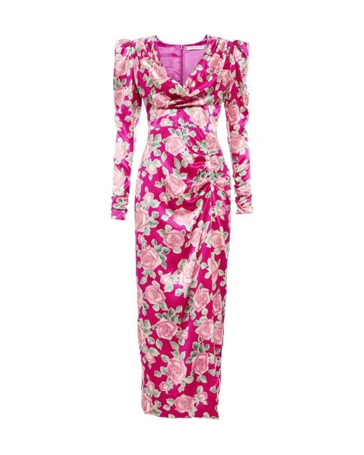 Alessandra Rich Pink Floral Draped Silk Satin Maxi Dress