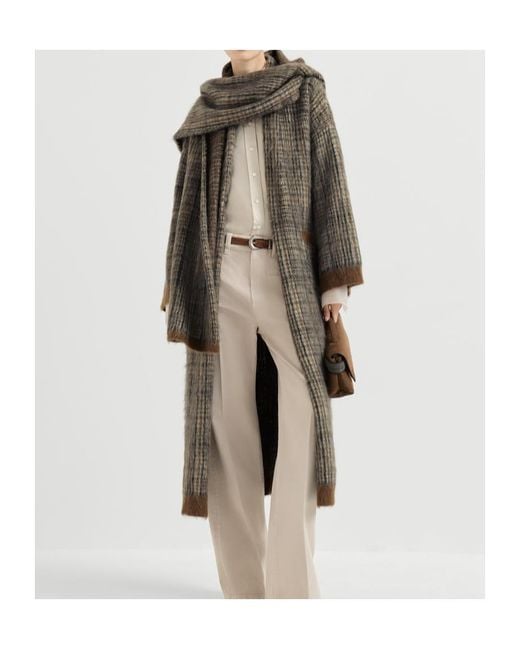 Brunello Cucinelli Gray Mohair And Wool Prince-Of-Wales Double-Knit Coat With Scarf