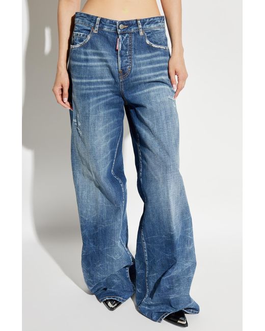 DSquared² Blue Distressed Wide-Leg Denim Jeans