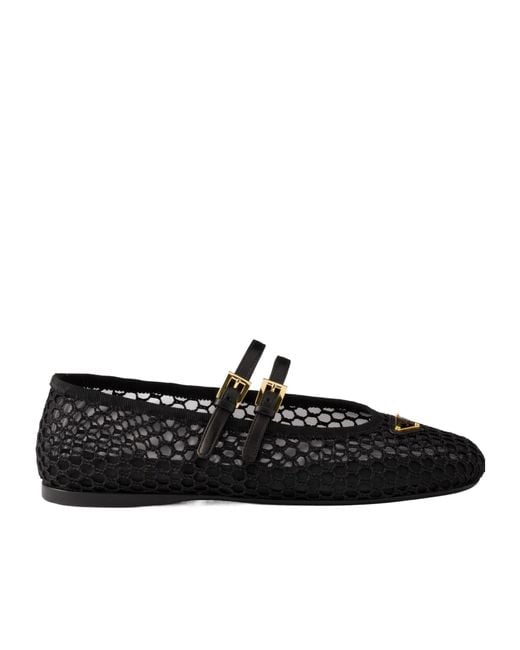 Prada Black Triangle-Logo Mesh Ballet Flats