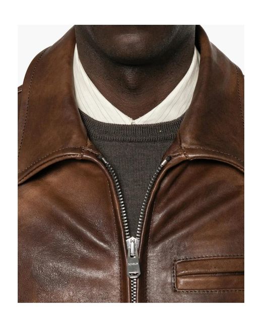 Dondup Brown Lapel-Collar Zip-Up Leather Jacket for men