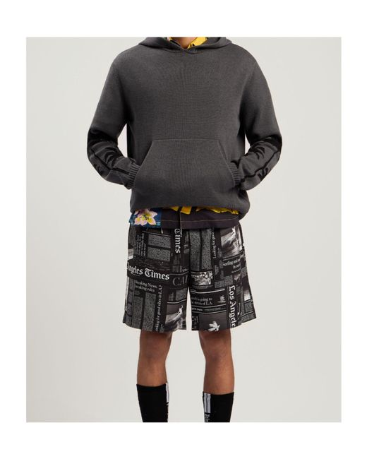 Palm Angels Gray Palm-Print Hooded Jumper for men