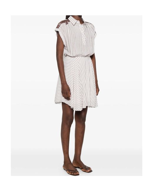 ERMANNO FIRENZE White Lace-Trimmed Striped Mini Shirt Dress