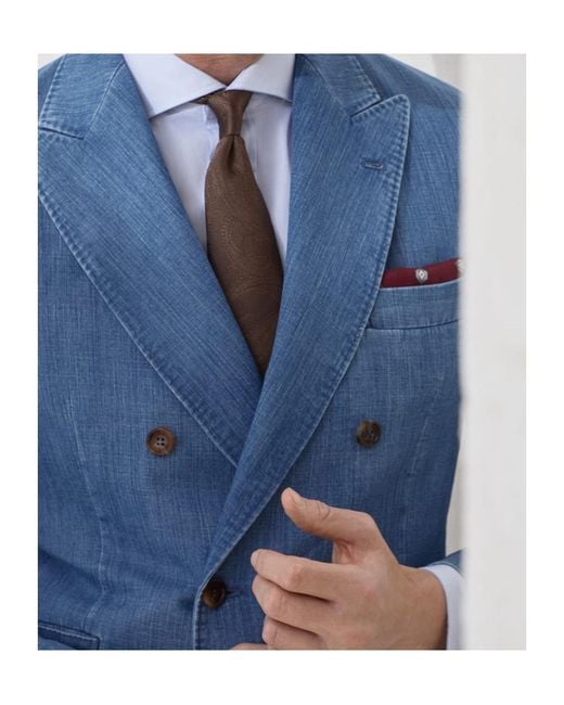 Brunello Cucinelli Blue Denim Double-Breasted Blazer for men