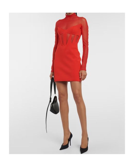Mugler Red Sheer Ruffle Mini Dress