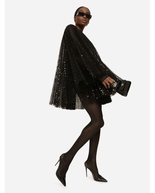Dolce & Gabbana Black Short Pleated Dress With Full Sequined Sleeves