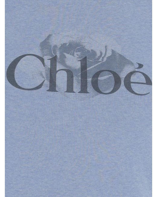 Chloé Blue Chloé Logo Printed Crewneck T-Shirt