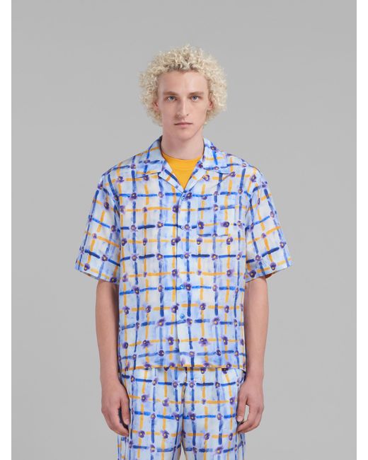 Marni Blue Light Habotai Silk Bowling Shirt With Saraband Print for men
