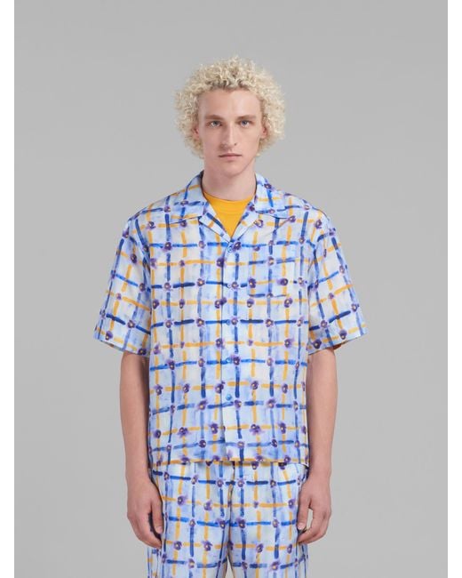 Marni Blue Light Habotai Silk Bowling Shirt With Saraband Print for men