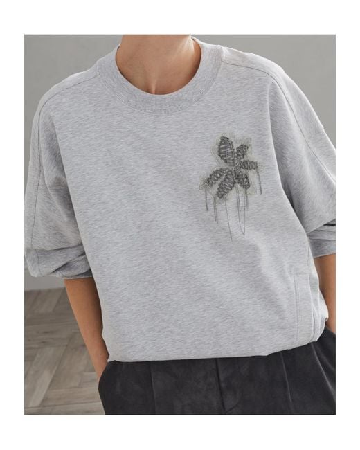 Brunello Cucinelli Gray Bead-Embellished Stretch-Cotton Sweatshirt