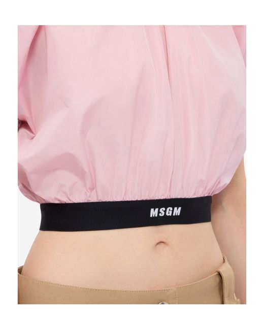 MSGM Pink Logo-Print Cropped Blouse
