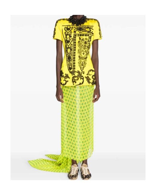 Dries Van Noten Yellow Embellished Silk Maxi Skirt