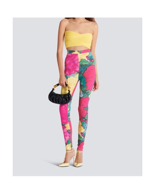 Balmain Pink Jersey Leggings With Roses Print