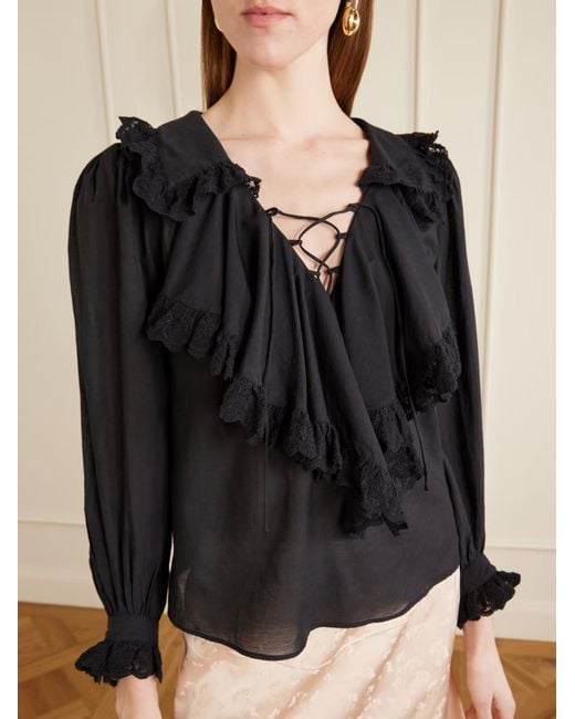 Rixo Black Milia Ruffled Lace-Trim Blouse