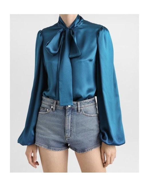 Dolce & Gabbana Blue Pussybow-Collar Blouse