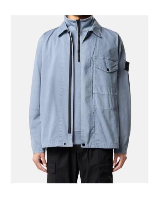 Stone Island Blue Logo Patch Long Sleeved Shirt Jacket for men