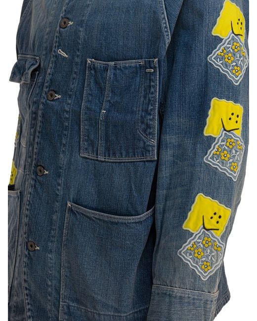 Kapital Blue Embroidered Patch-Pocket Denim Jacket for men