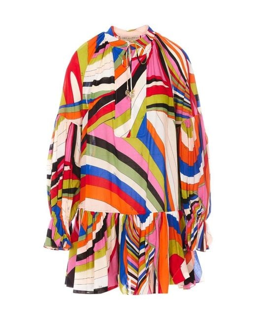 Emilio Pucci Red Pucci Iride-Printed Ruffled Trim Mini Dress