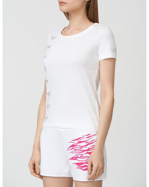 EA7 White T-Shirt With Round Neck And Short Sleeves