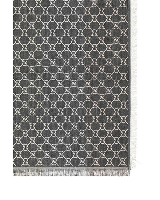 Gucci Gray Logo Jacquard Fringed Hem Scarf