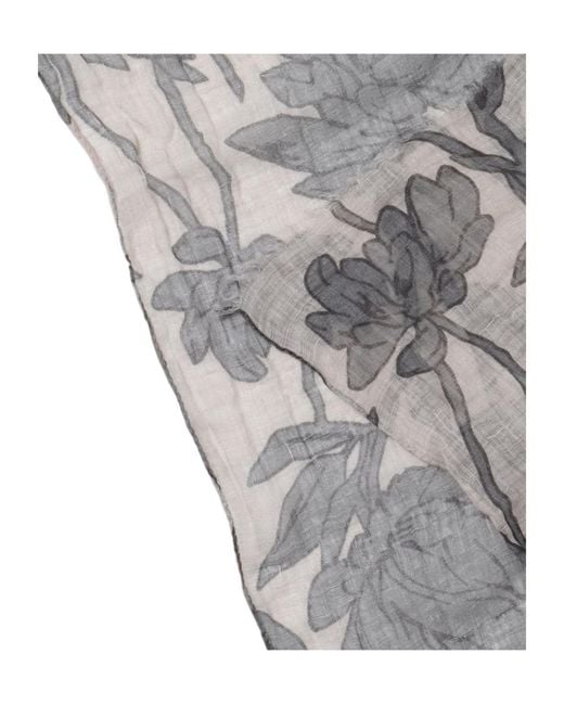 Brunello Cucinelli Gray Floral-Print Linen Scarf