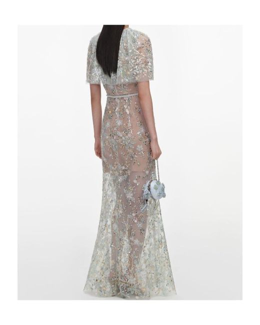 Self-Portrait Gray Sequin-Embellished Cape-Sleeve Maxi Dress