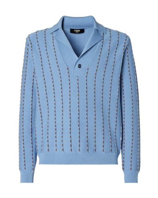 Fendi Blue Long Sleeved V-Neck Knitted Jumper for men