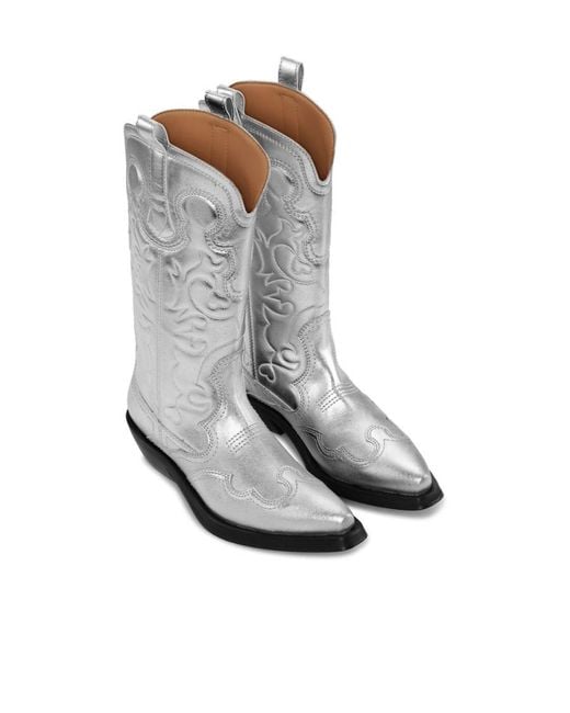 Ganni White Mid Shaft Embroidered Western Boots