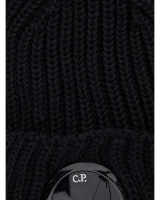 C P Company Black Logo Plaque Knit Beanie for men