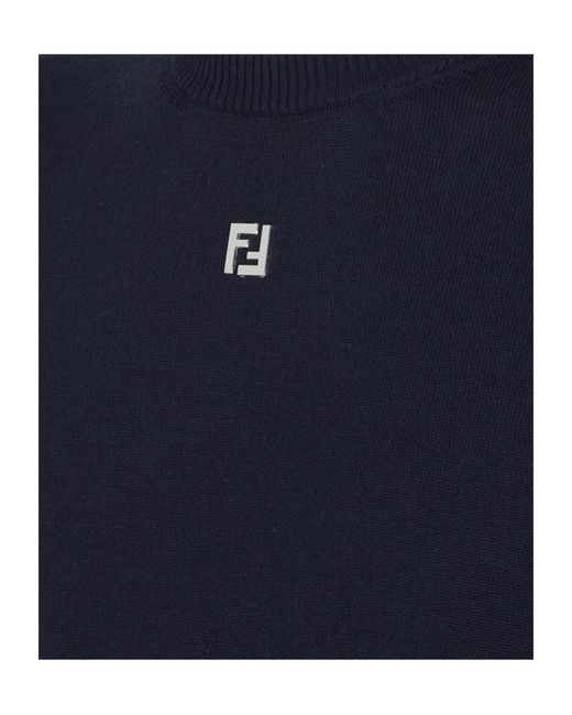 Fendi Blue Logo Plaque Crewneck Knitted Jumper for men