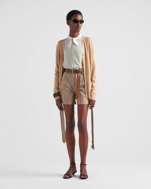 Prada Natural Triangle-Logo V-Neck Cardigan