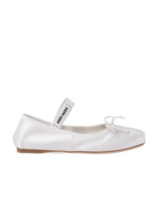 Miu Miu White Bow-Detailed Slip-On Satin Ballerina Shoes
